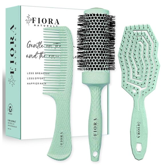 Women Fiora Naturals Hair Detangler And Round Brush and Comb Set - Picture 1 of 6